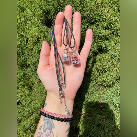 Rainbow Moonstone Rose Petal Spell Bottle Necklace | HandCrafted Crystal Jewelry - Picture 4 of 4